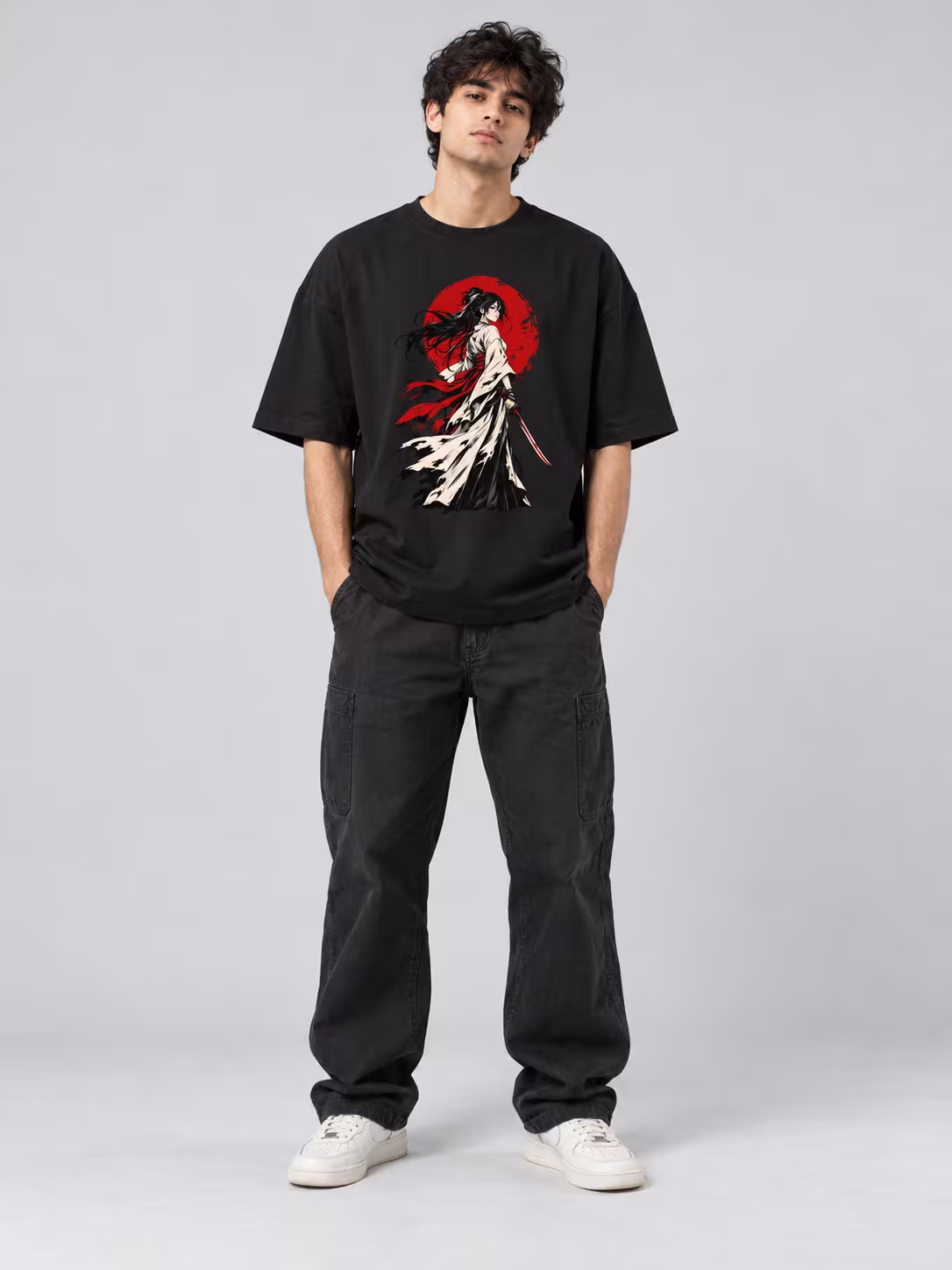 Silent Blade Unisex Oversized T-Shirt in Black, worn by a model