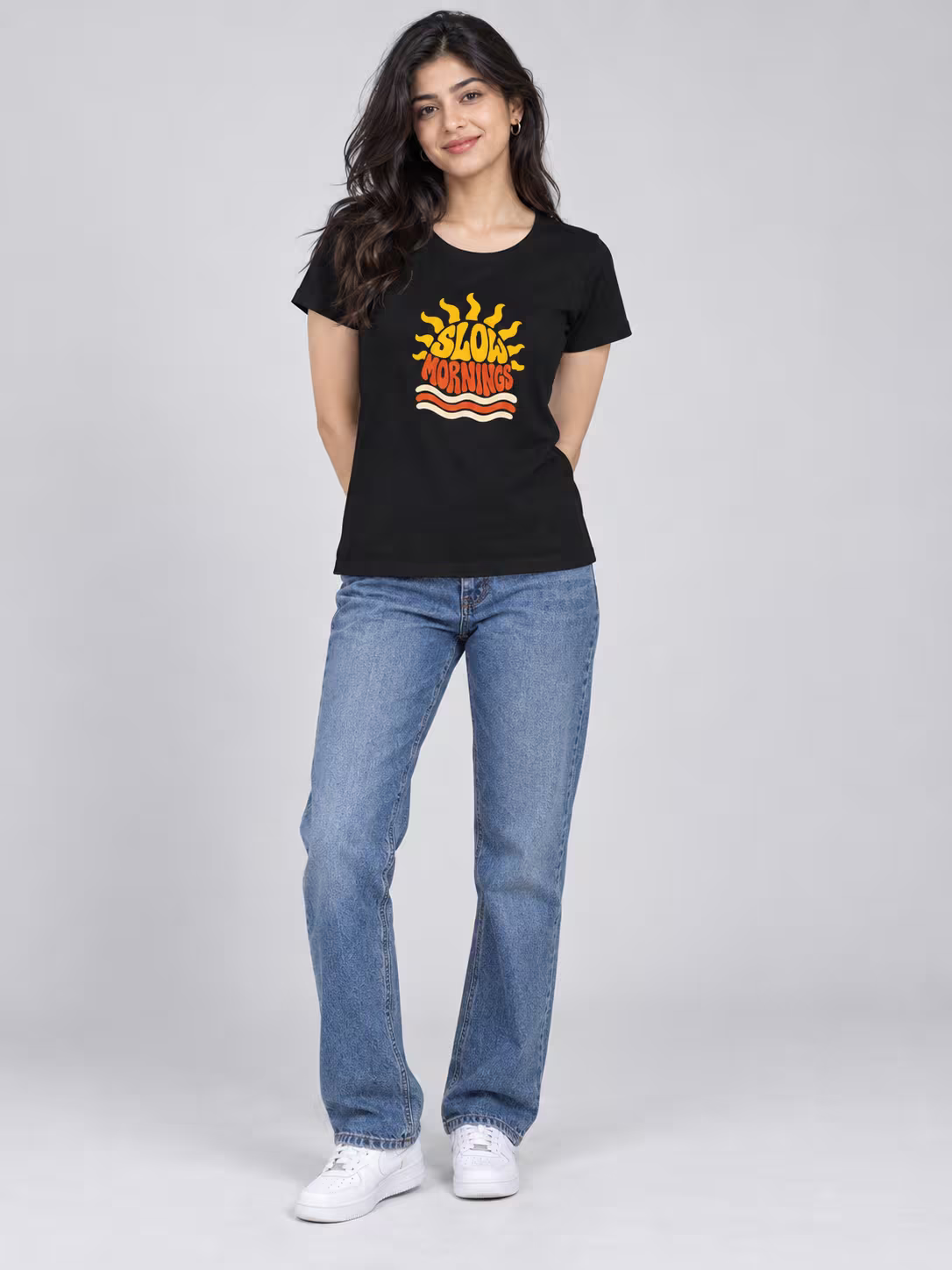 Slow Mornings Women's T-Shirt in Black, worn by a model