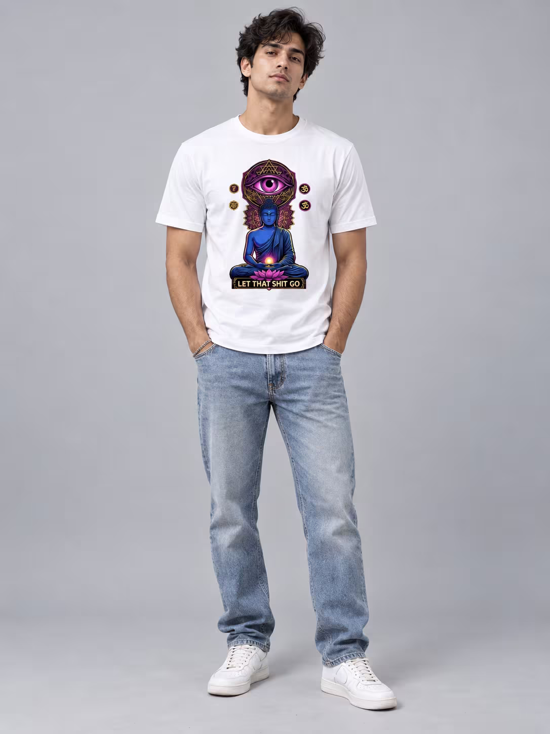 Spiritual Third Eye Buddha T-Shirt in White, worn by a model
