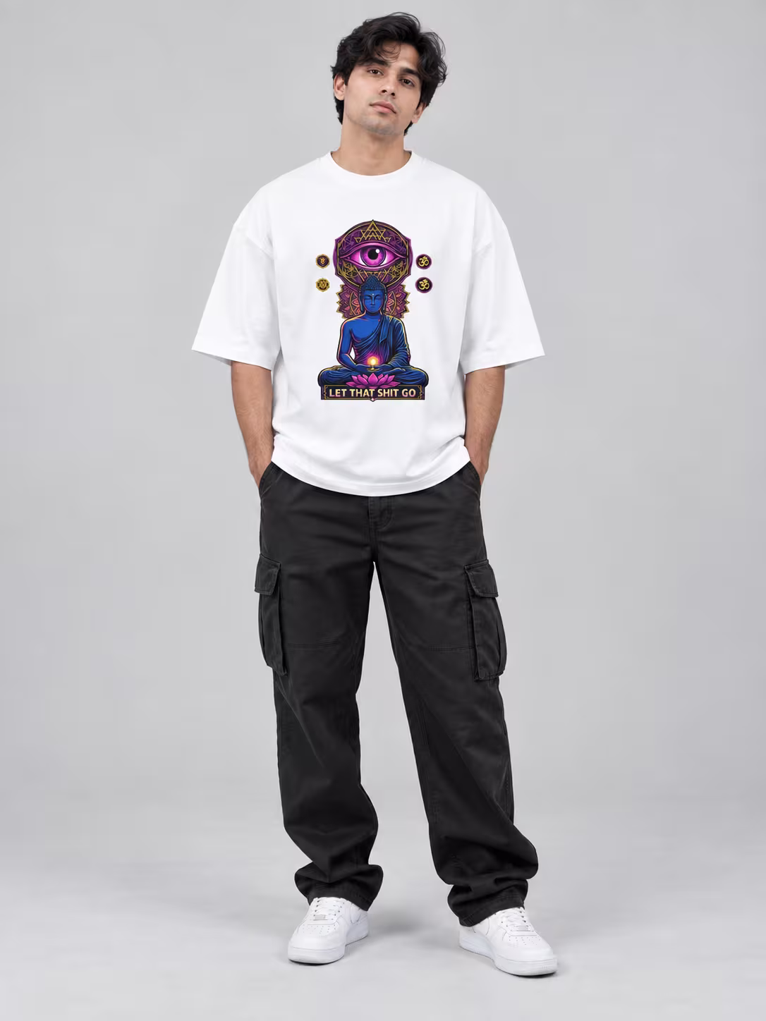 Spiritual Third Eye Buddha Unisex Oversized T-Shirt in White, worn by a model