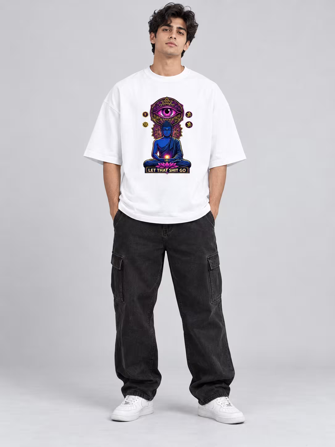 Spiritual Third Eye Buddha Unisex Terry Oversized Tee in White, worn by a model