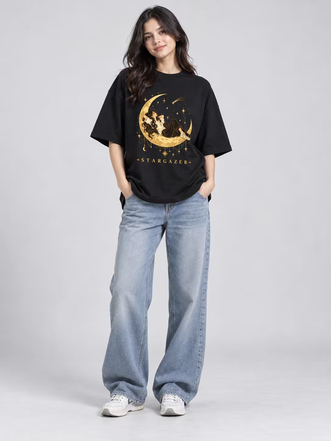 Stargazer Unisex Oversized T-Shirt in Black, worn by a model