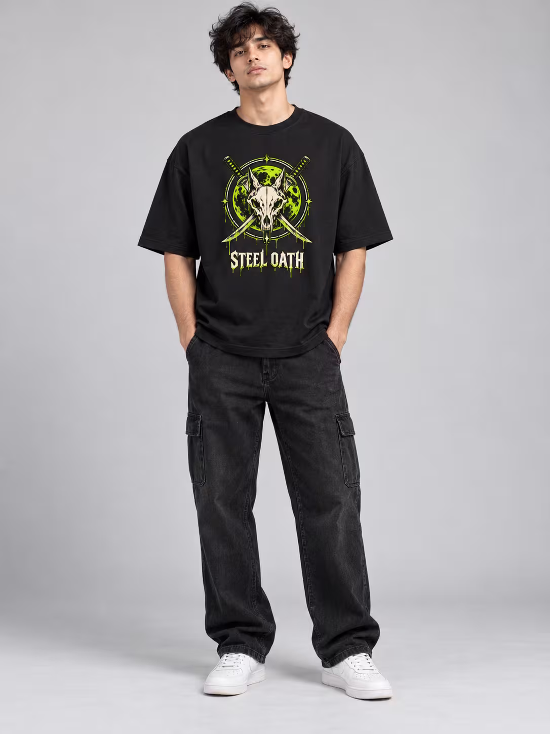 Steel Oath Unisex Oversized T-Shirt in Black, worn by a model