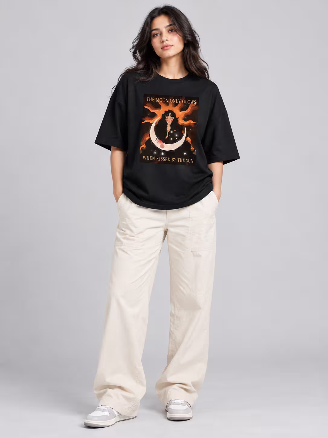 Sun And Moon Unisex Oversized T-Shirt in Black, worn by a model