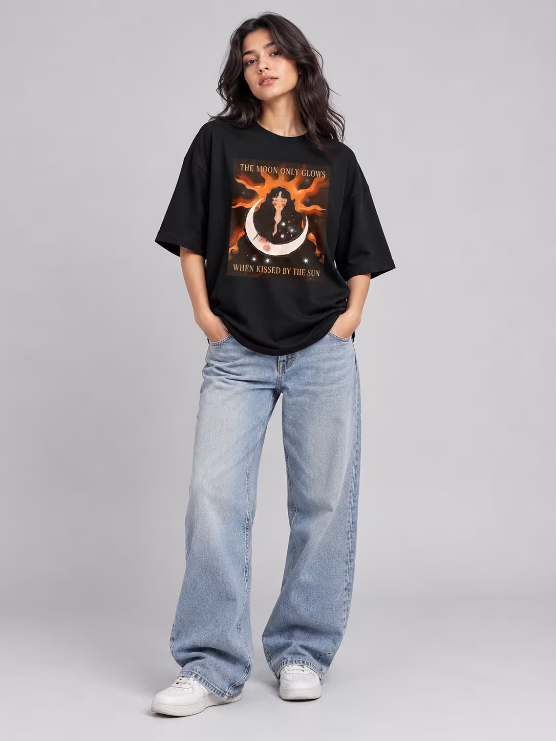 Sun And Moon Unisex Terry Oversized Tee in Black, worn by a model