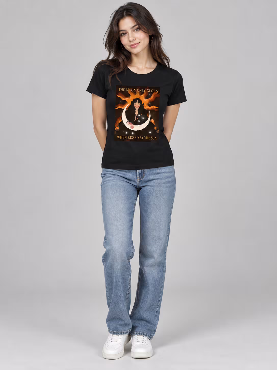 SUN AND MOON Women's T-Shirt in Black, worn by a model