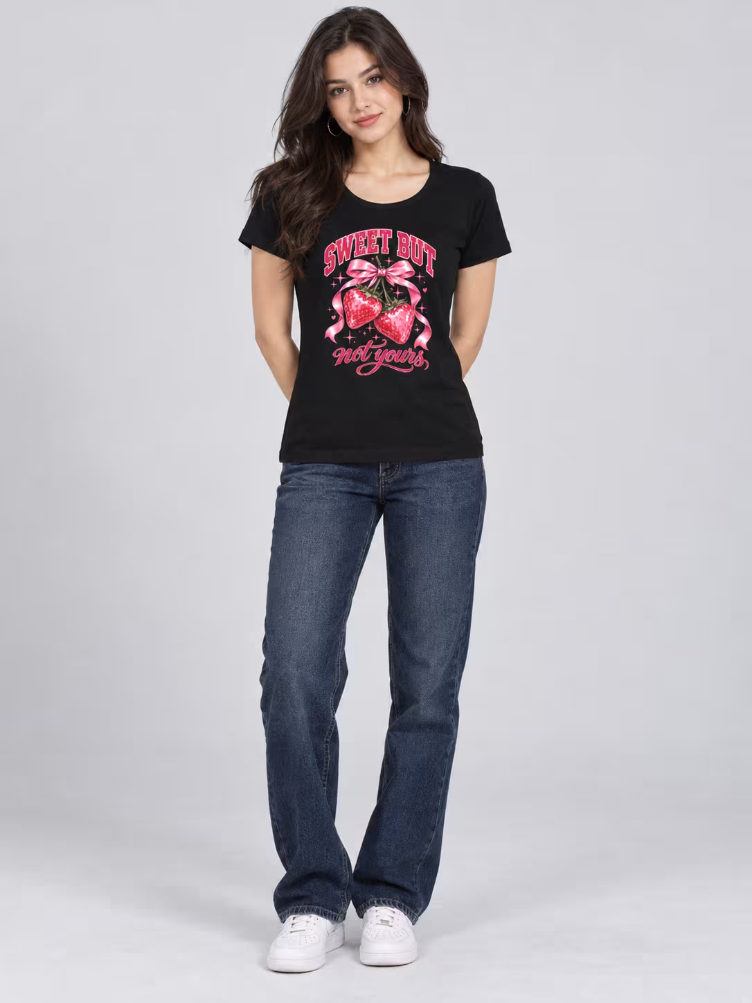Sweet But Not Yours Women's T-Shirt in Black, worn by a model