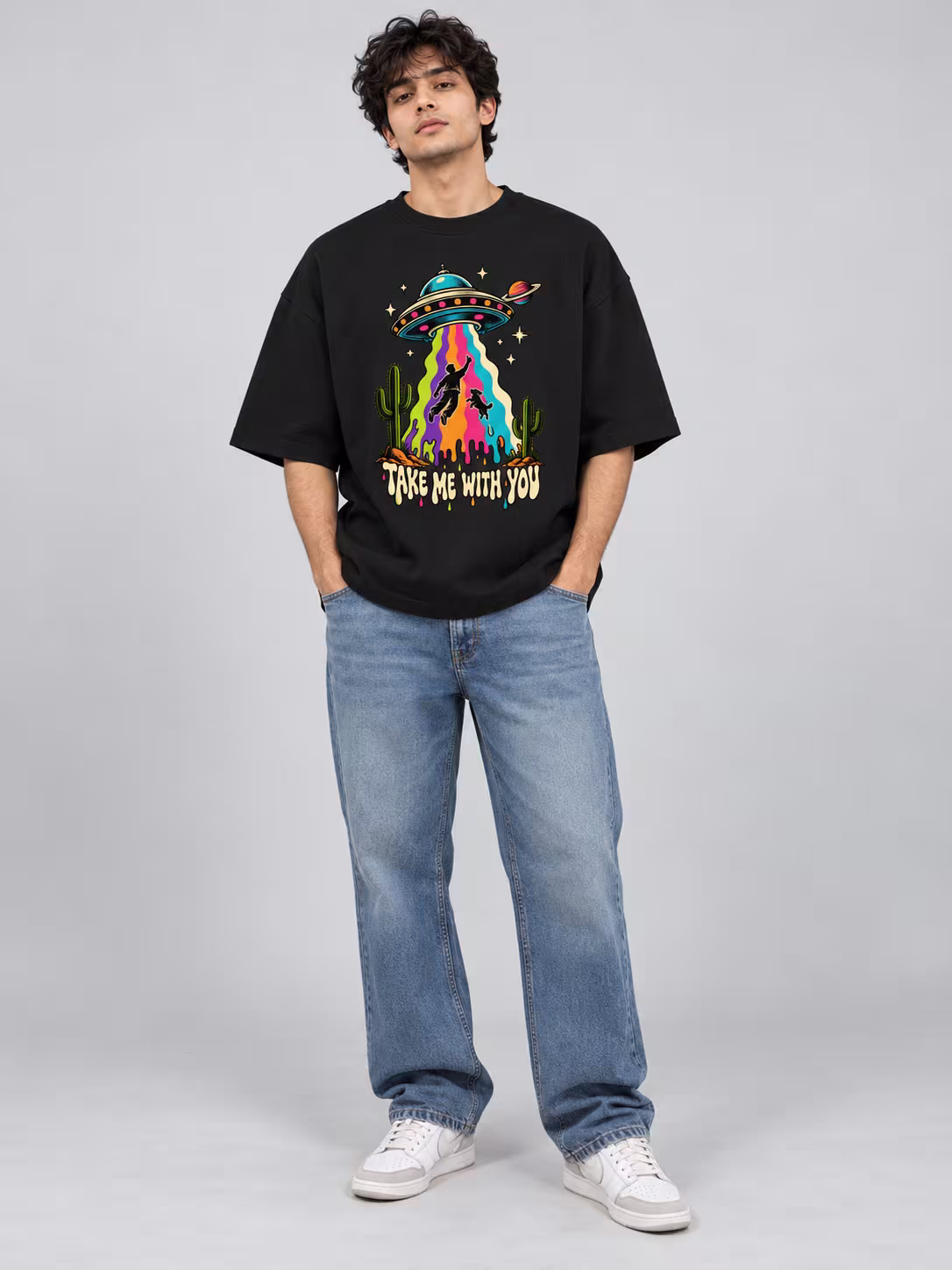 Take Me With You Unisex Terry Oversized Tee in Black, front