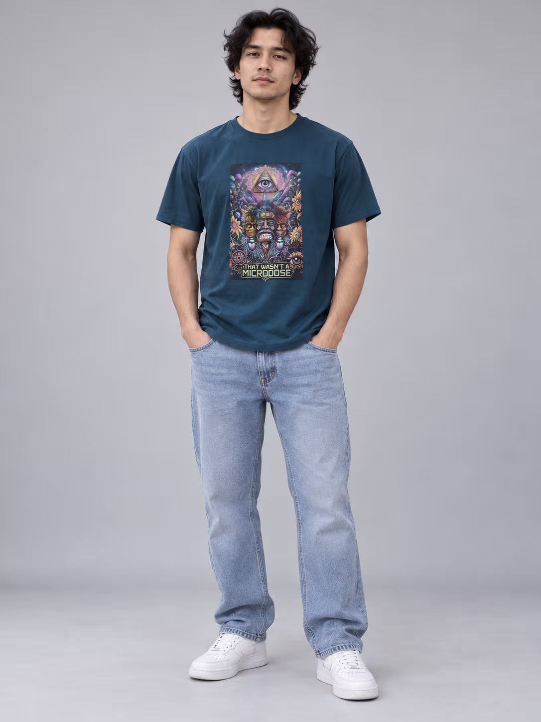 That Wasn't A Microdose T-Shirt in Petrol Blue, worn by a model