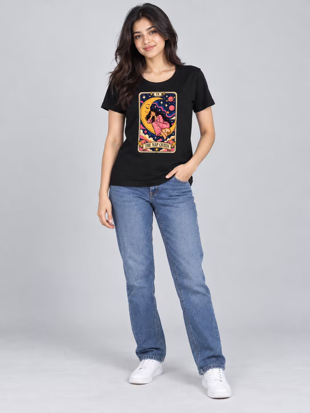 The Nap Queen Women's T-Shirt in Black, worn by a model