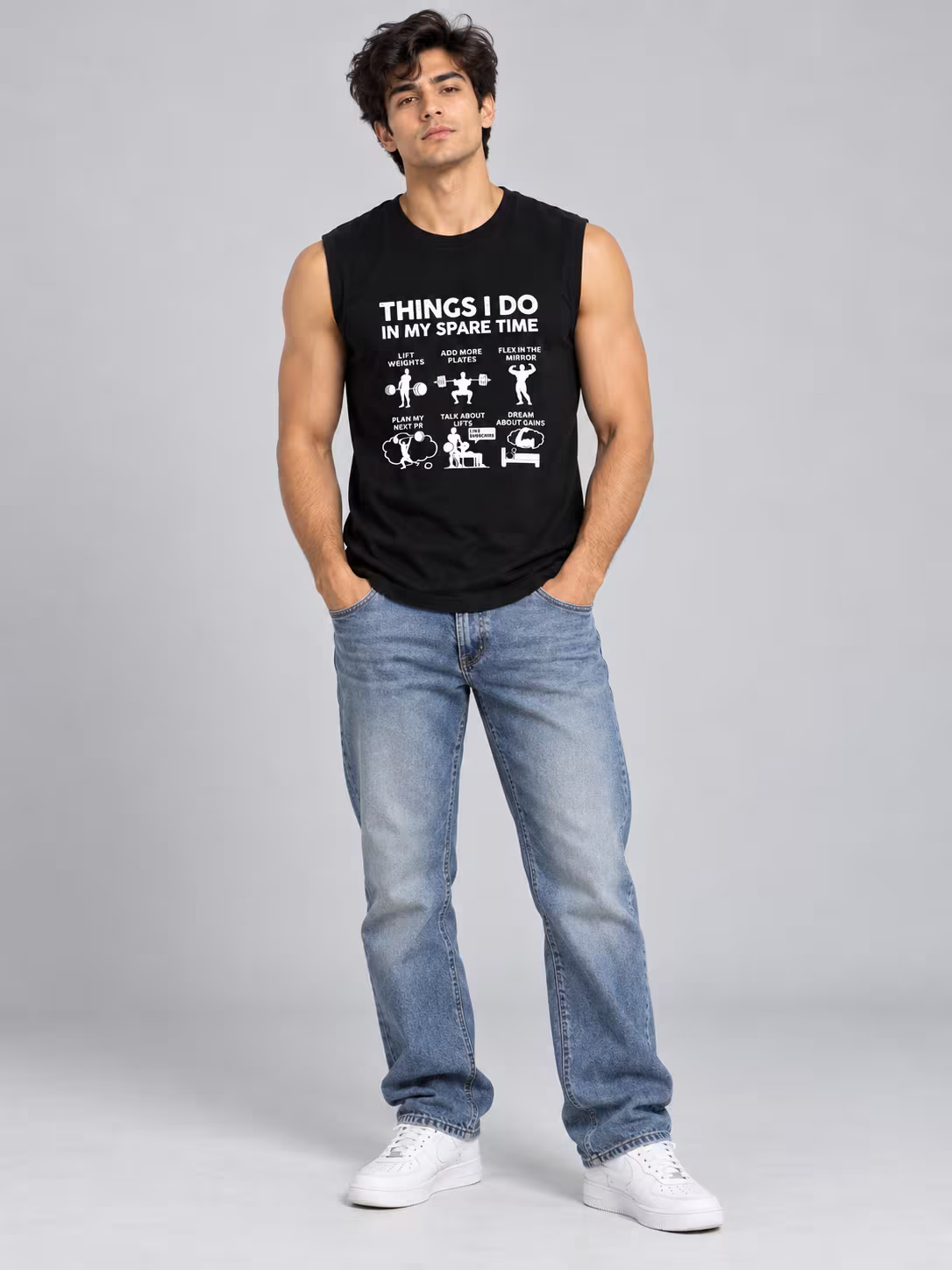 Things I Do In Spare Time Gym T-Shirt in Black, worn by a model