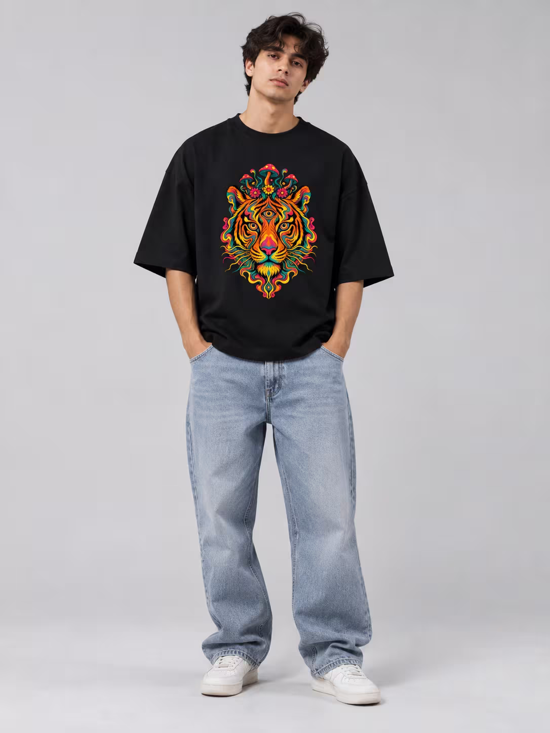 Third Eye Tiger Unisex Terry Oversized Tee in Black, worn by a model