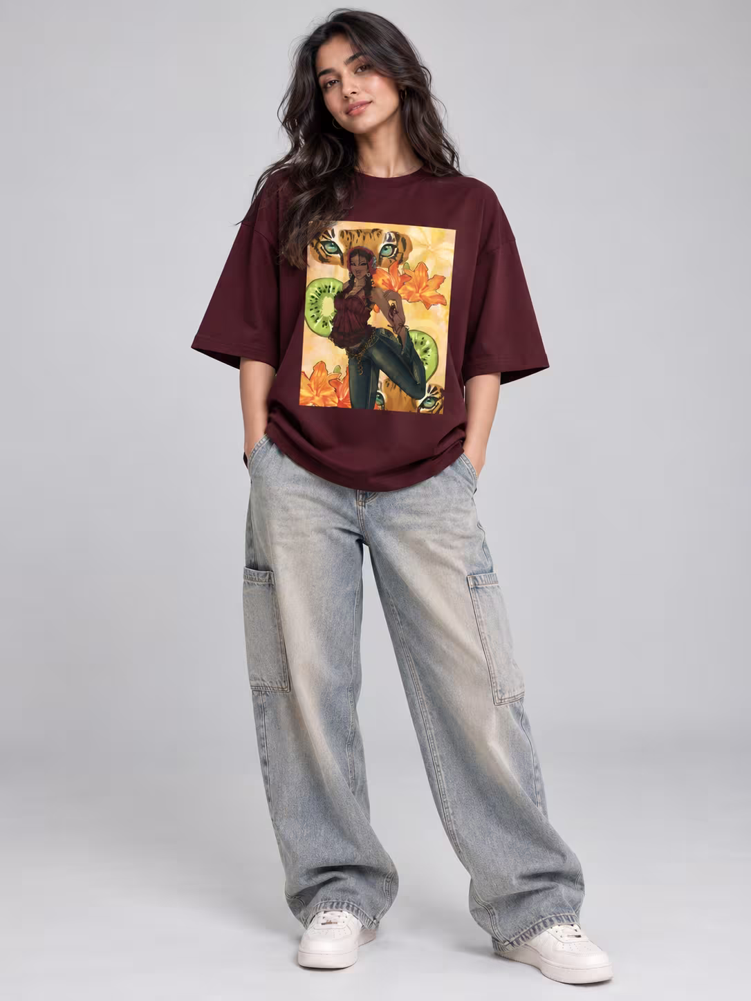 Tiger Girl Unisex Oversized T-Shirt in Maroon, worn by a model
