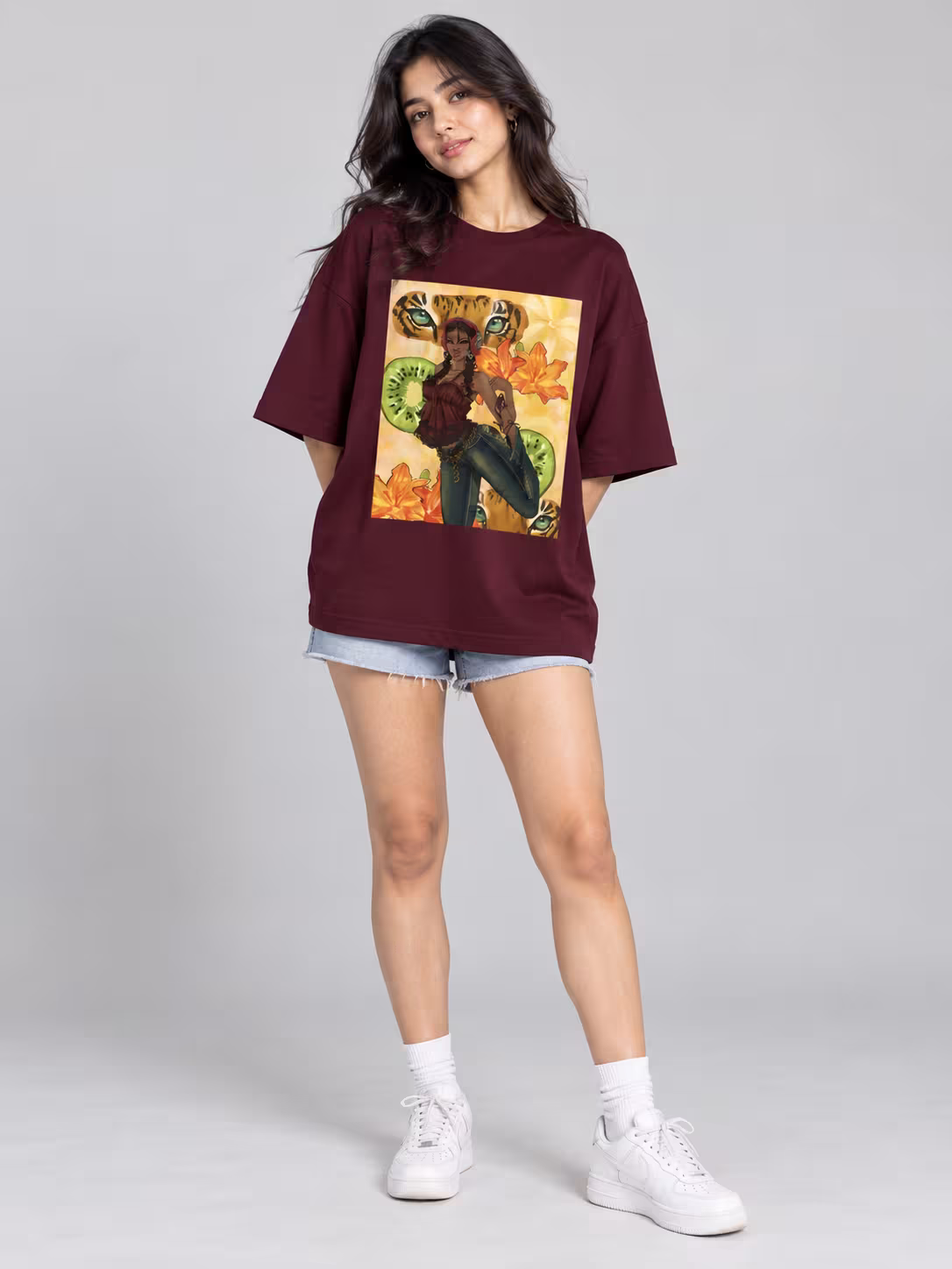 Tiger Girl Unisex Oversized T-Shirt in Maroon, worn by a model