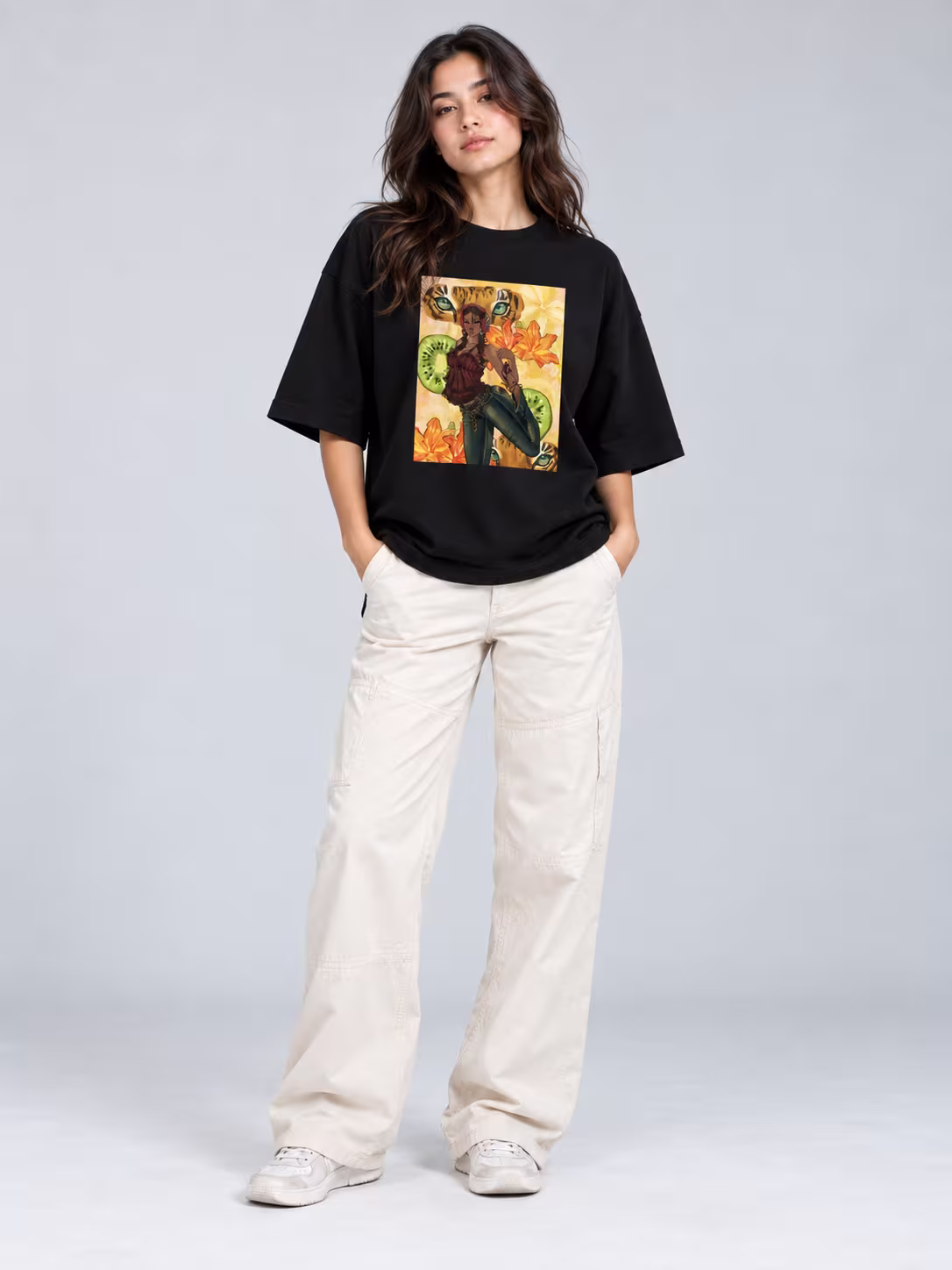 Tiger Girl Unisex Terry Oversized Tee in Black, worn by a model