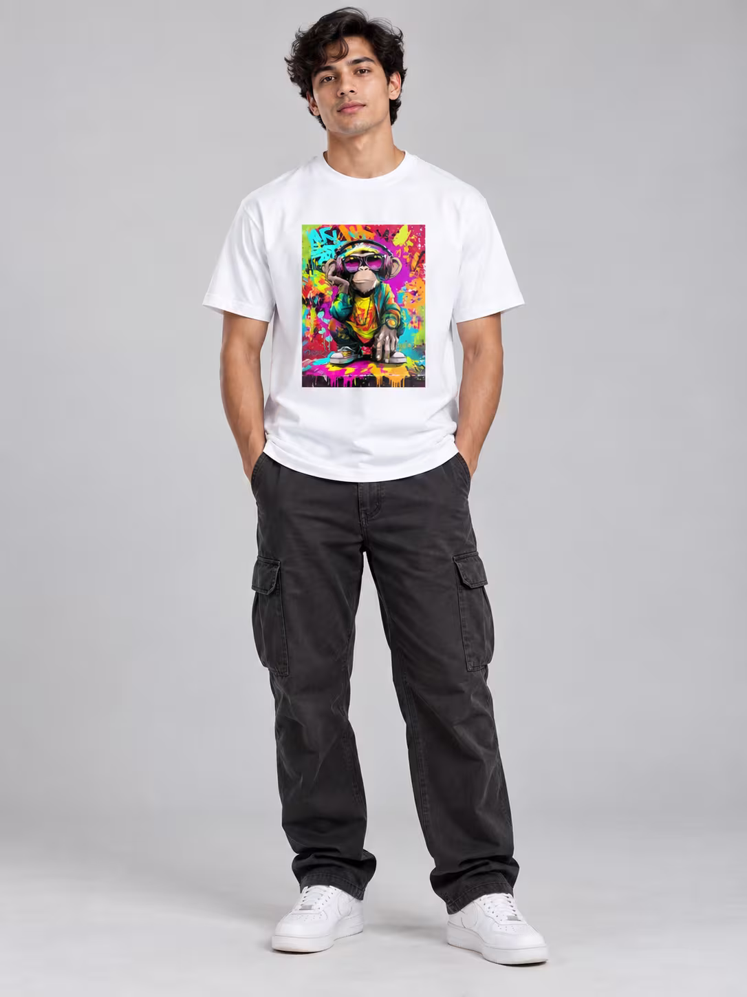 Trippy Monkey Regular Fit T-Shirt in White, worn by a model