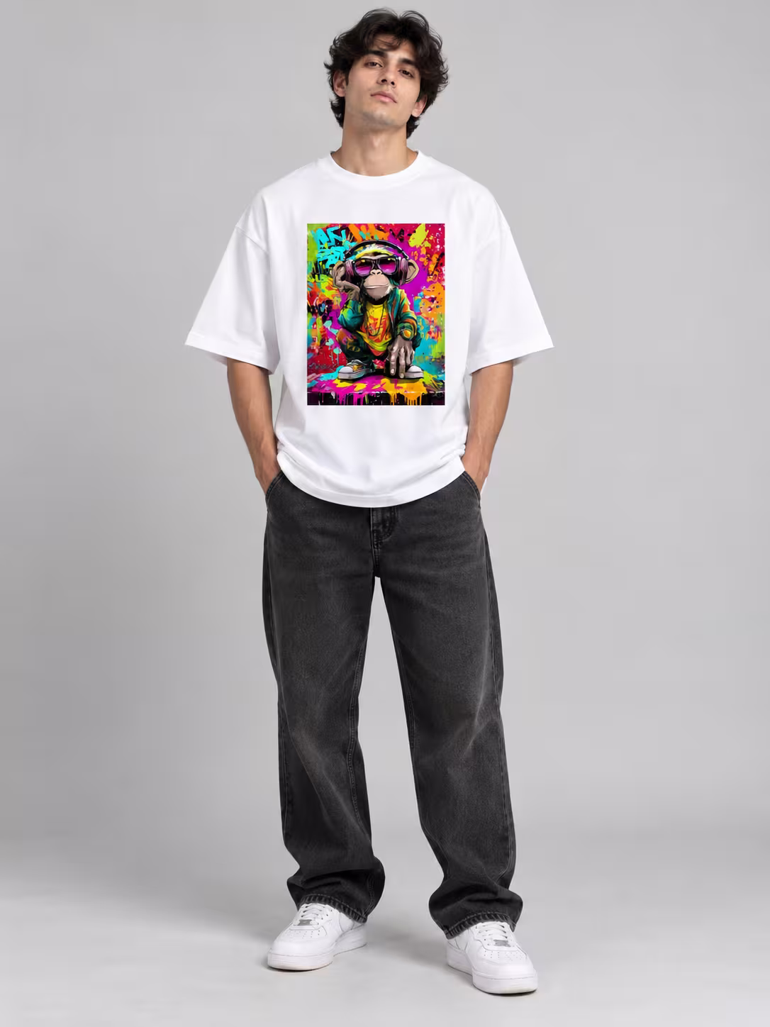 Trippy Monkey Unisex Oversized T-Shirt in White, worn by a model