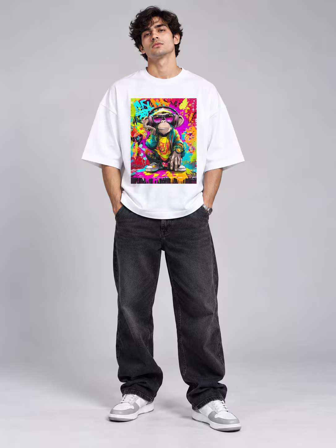 Trippy Monkey Unisex Terry Oversized Tee in White, worn by a model