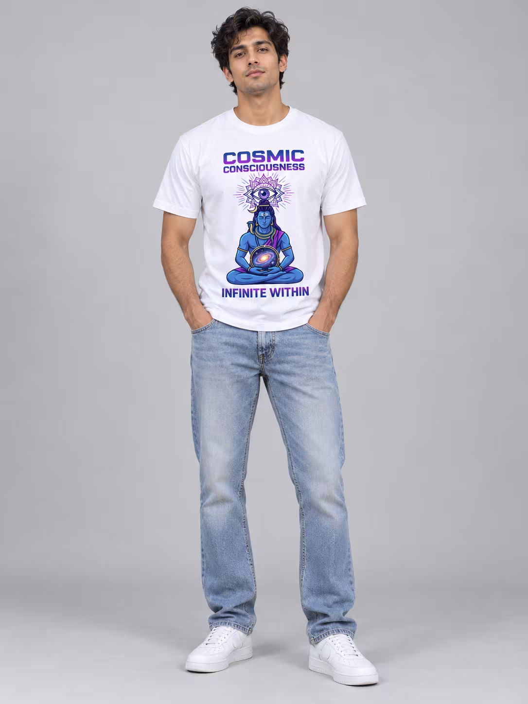 ZOJO X Cosmic Consciousness T-Shirt in White, worn by a model