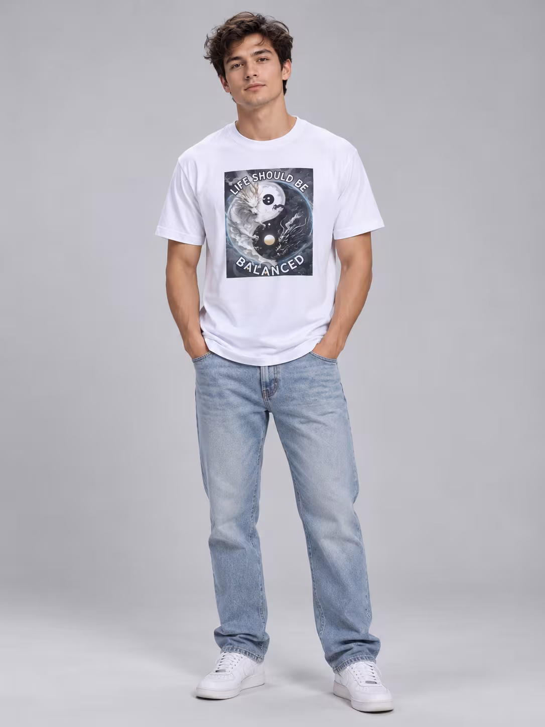 Yin Yang Dragon T-Shirt in White, worn by a model