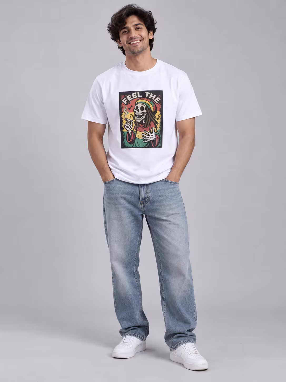 ZOJO × Feel The Frequency Tee in White, worn by a model