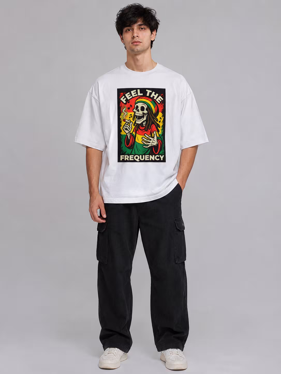 ZOJO × Feel The Frequency Unisex Oversized T-Shirt in White, worn by a model