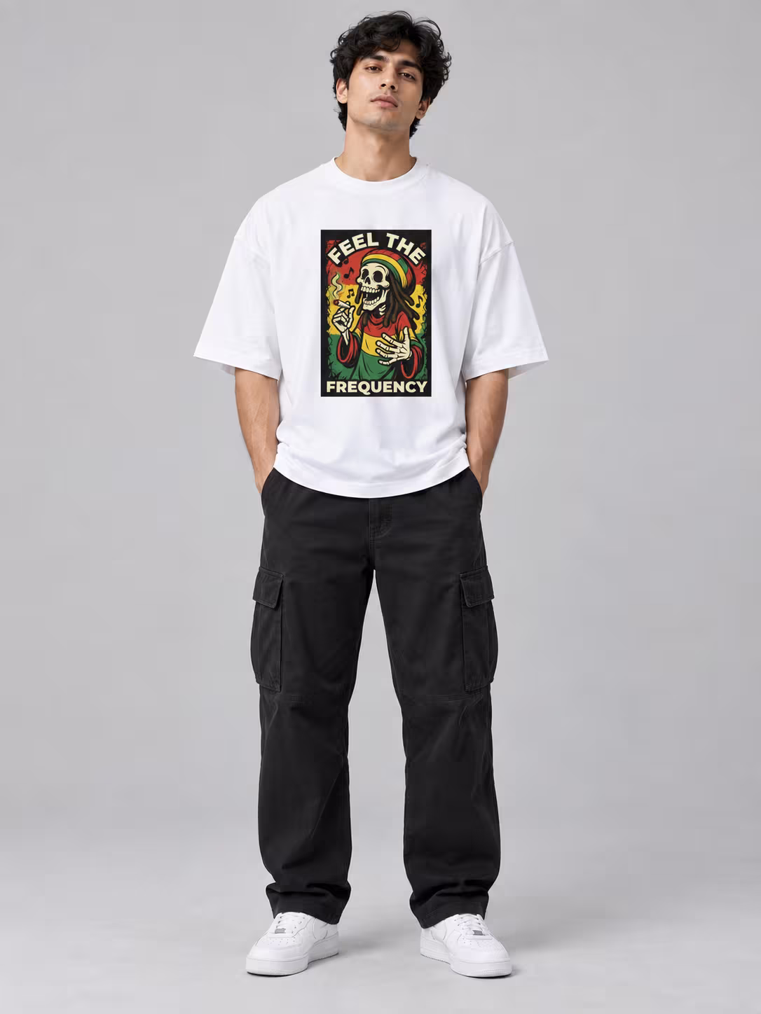 ZOJO × Feel The Frequency Unisex Terry Oversized Tee in White, worn by a model