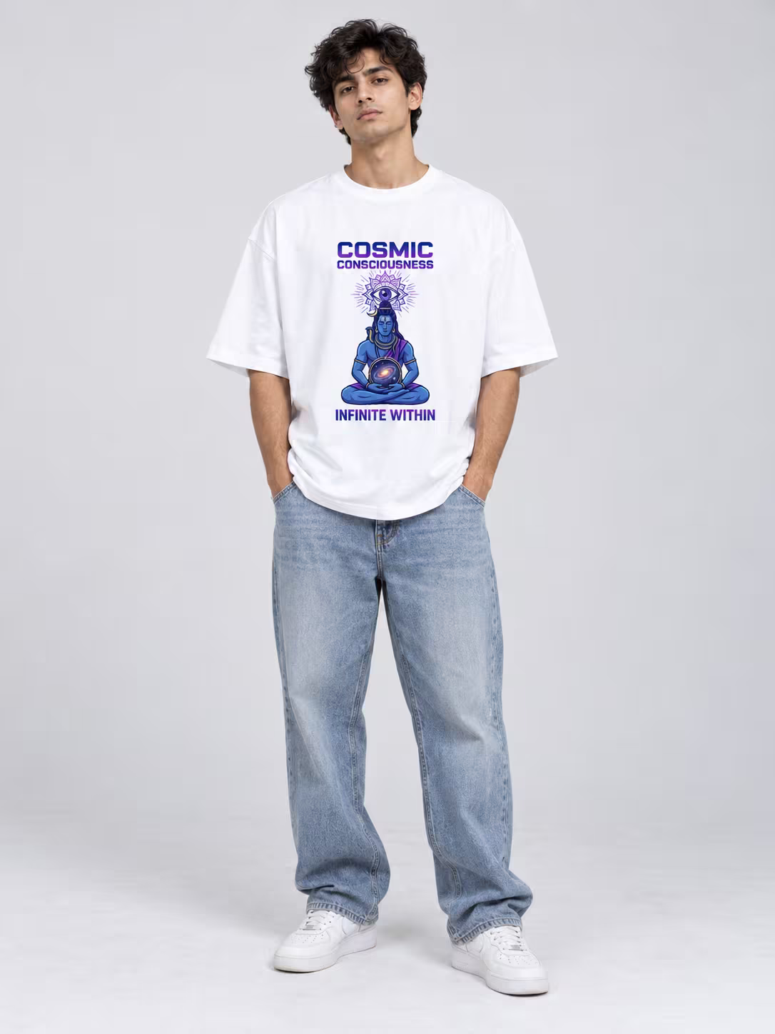 ZOJO X Cosmic Consciousness Unisex Oversized T-Shirt in White, worn by a model