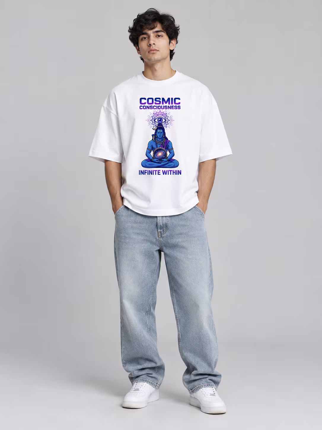 ZOJO X Cosmic Consciousness Unisex Terry Oversized Tee in White, worn by a model