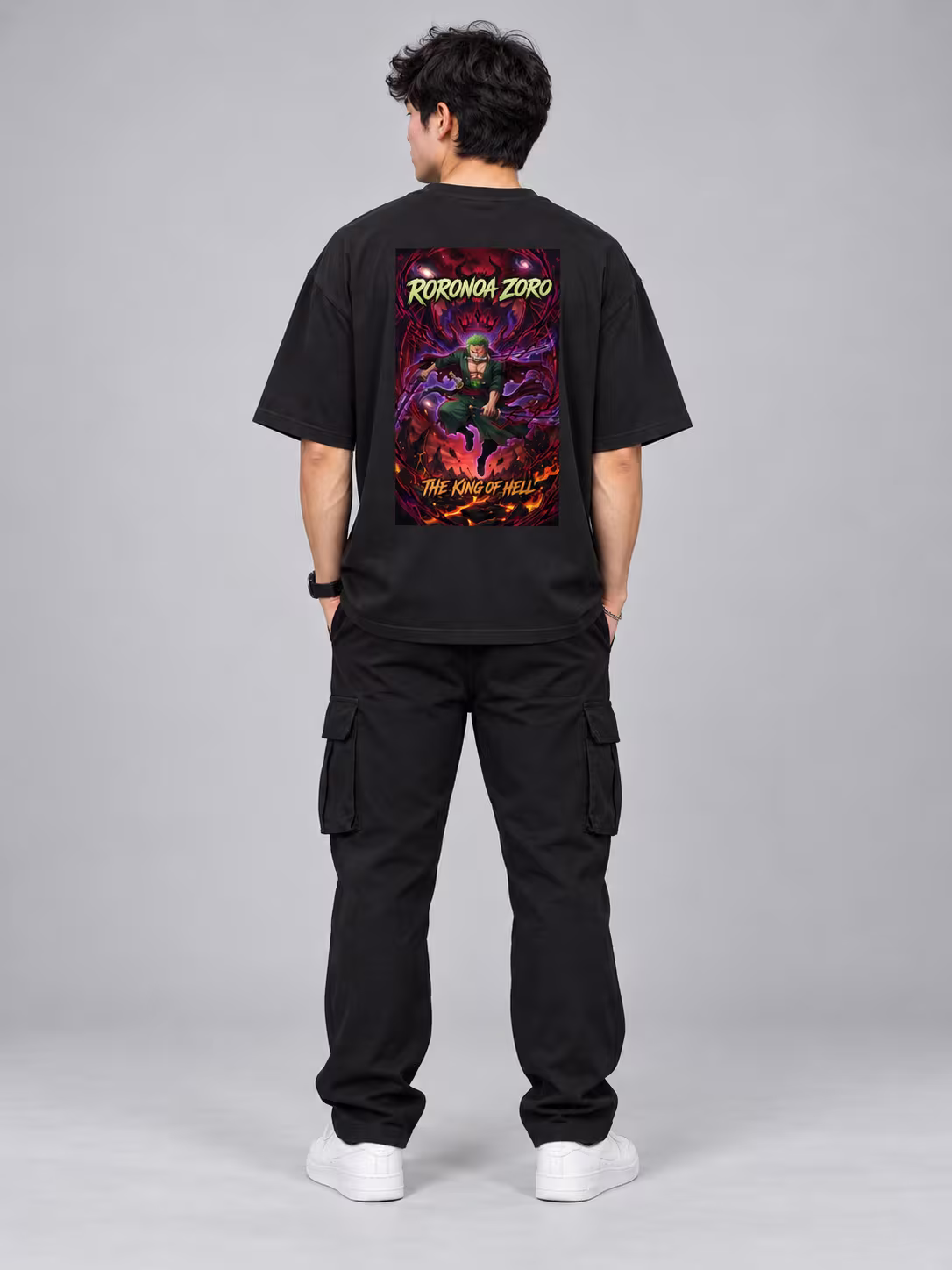Zoro, The King of Hell Oversized T-Shirt in Black, back print, worn by a model