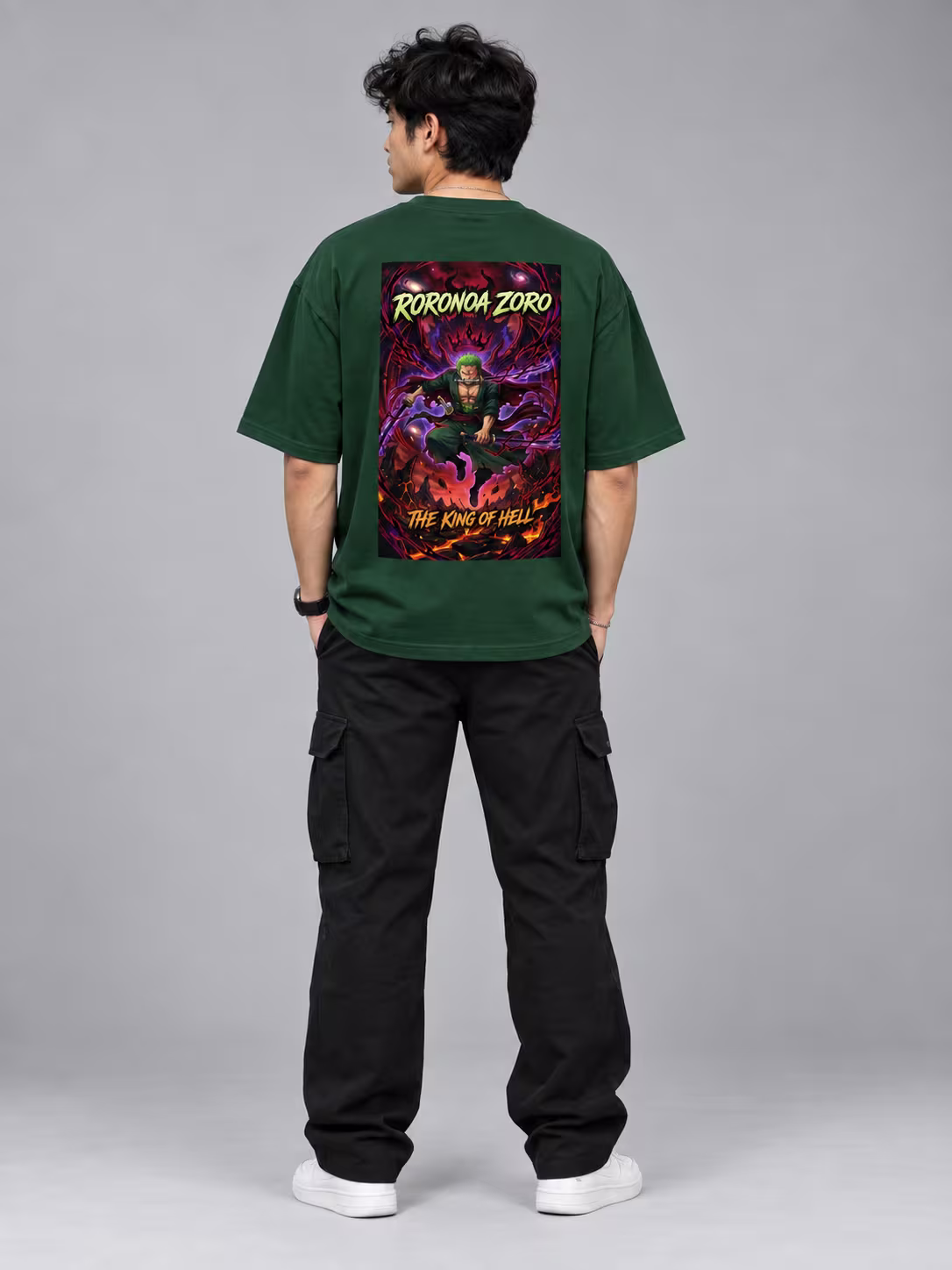 Zoro, The King of Hell Oversized T-Shirt in Bottle Green, back print, worn by a model