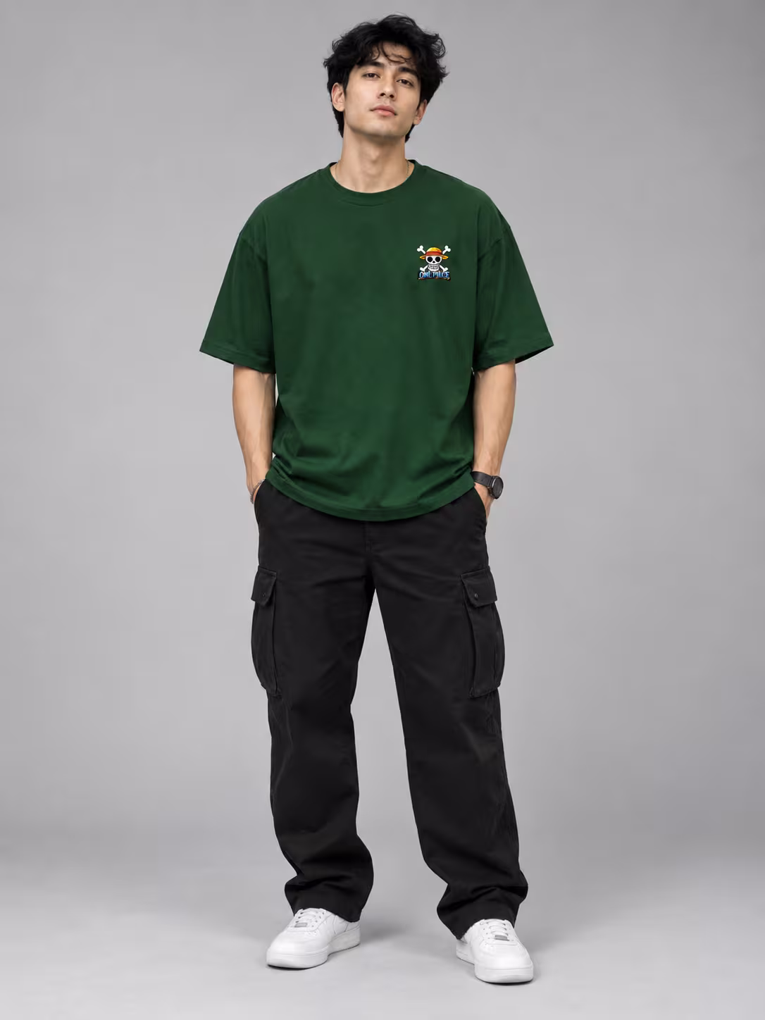 Zoro, The King of Hell Oversized T-Shirt in Bottle Green, worn by a model