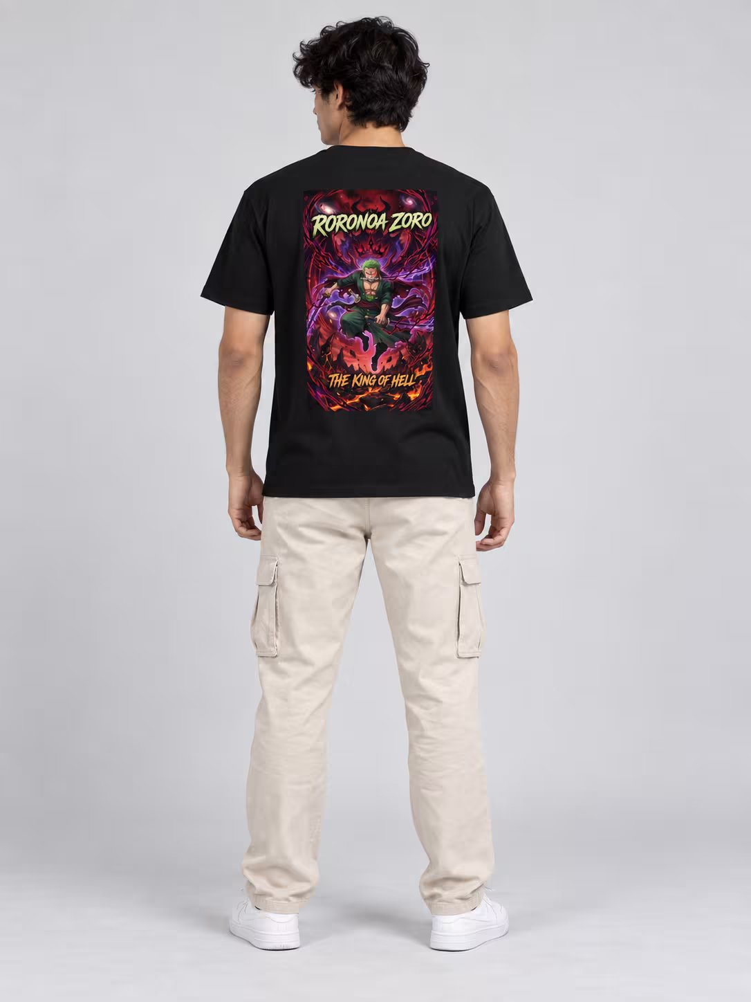 Zoro The King Of Hell Regular Fit T-Shirt in Black, back print, worn by a model