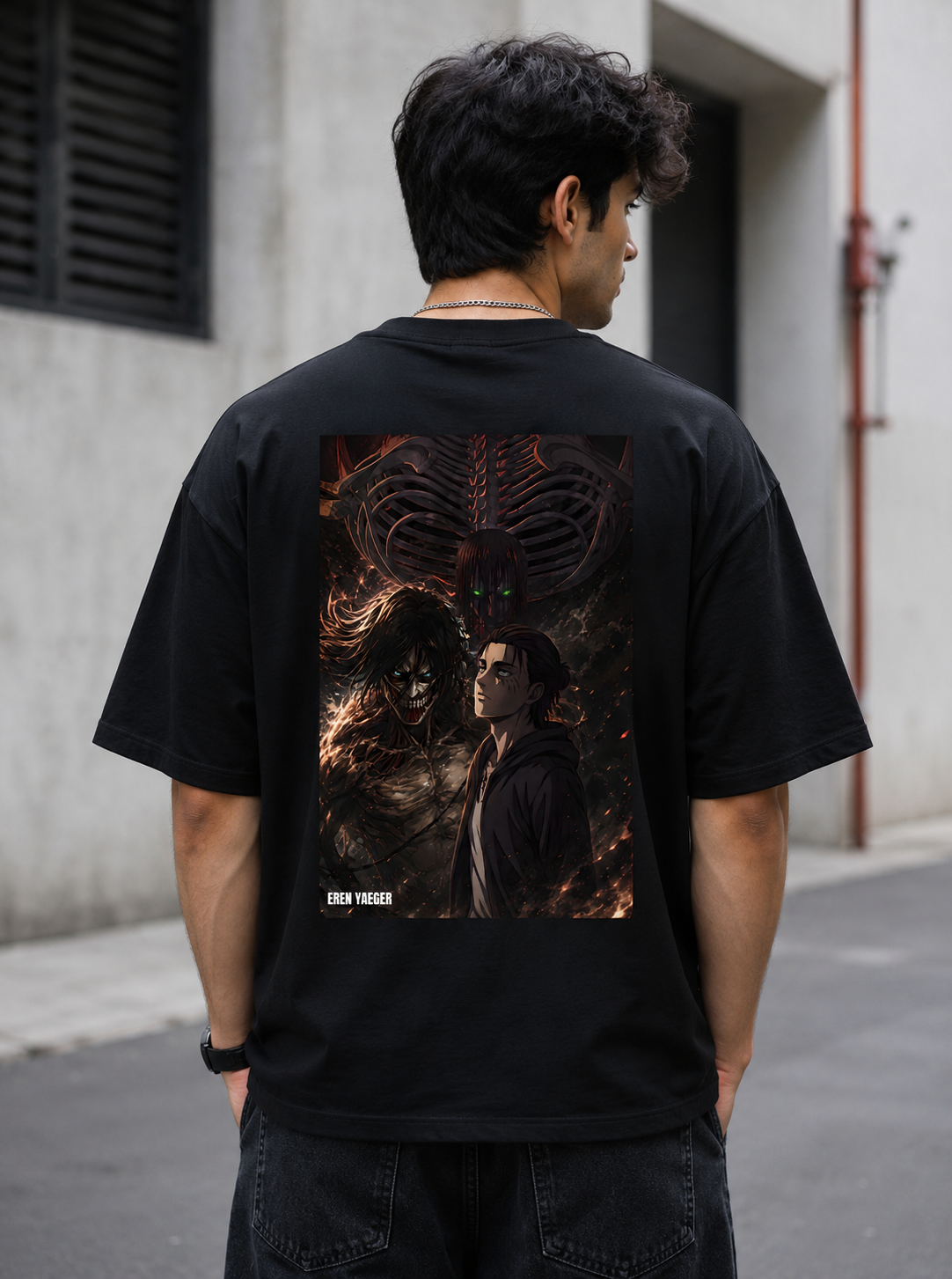 Eren Yeager Attack on Titan oversized anime T-shirt back graphic in black premium 240 GSM cotton