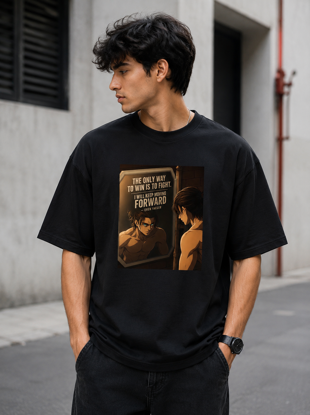 Eren Yeager oversized Attack on Titan anime T-shirt front print in black premium 240 GSM cotton