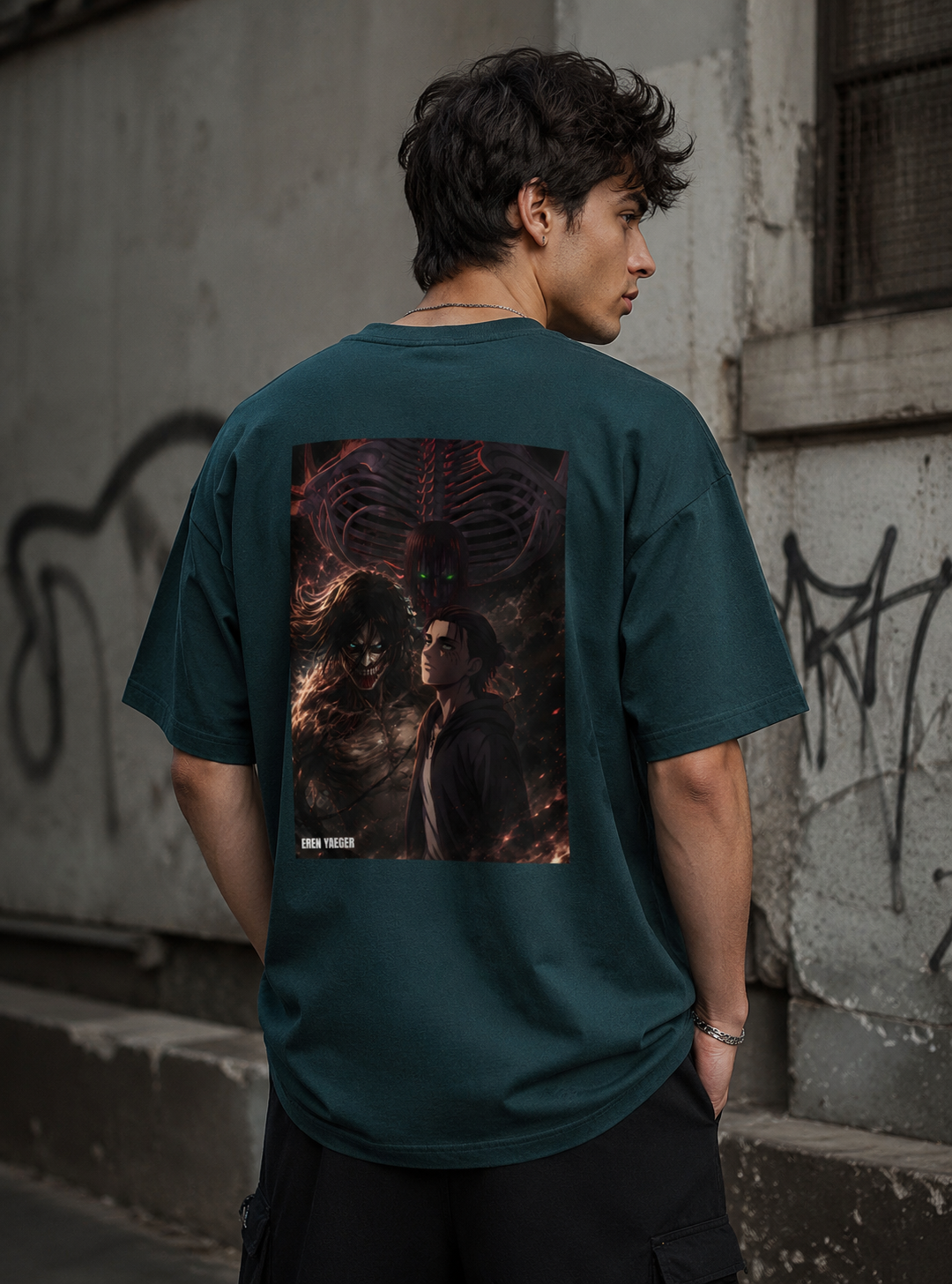 Eren Yeager Attack on Titan oversized anime T-shirt back graphic in petrol blue premium 240 GSM cotton