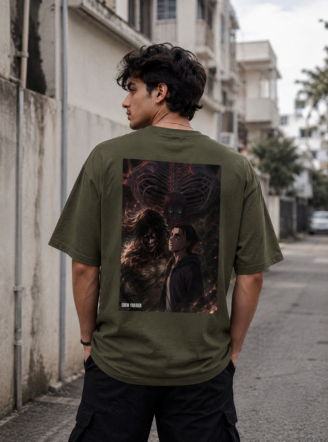 Eren Yeager Attack on Titan oversized anime T-shirt back graphic in olive green premium 240 GSM cotton