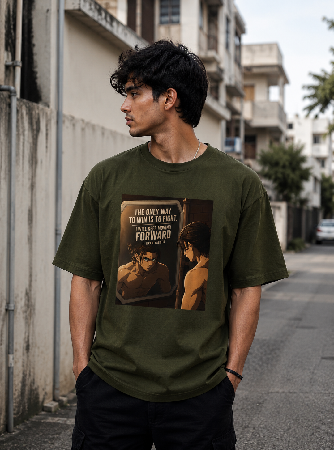 Eren Yeager oversized Attack on Titan anime T-shirt front print in olive green premium 240 GSM cotton