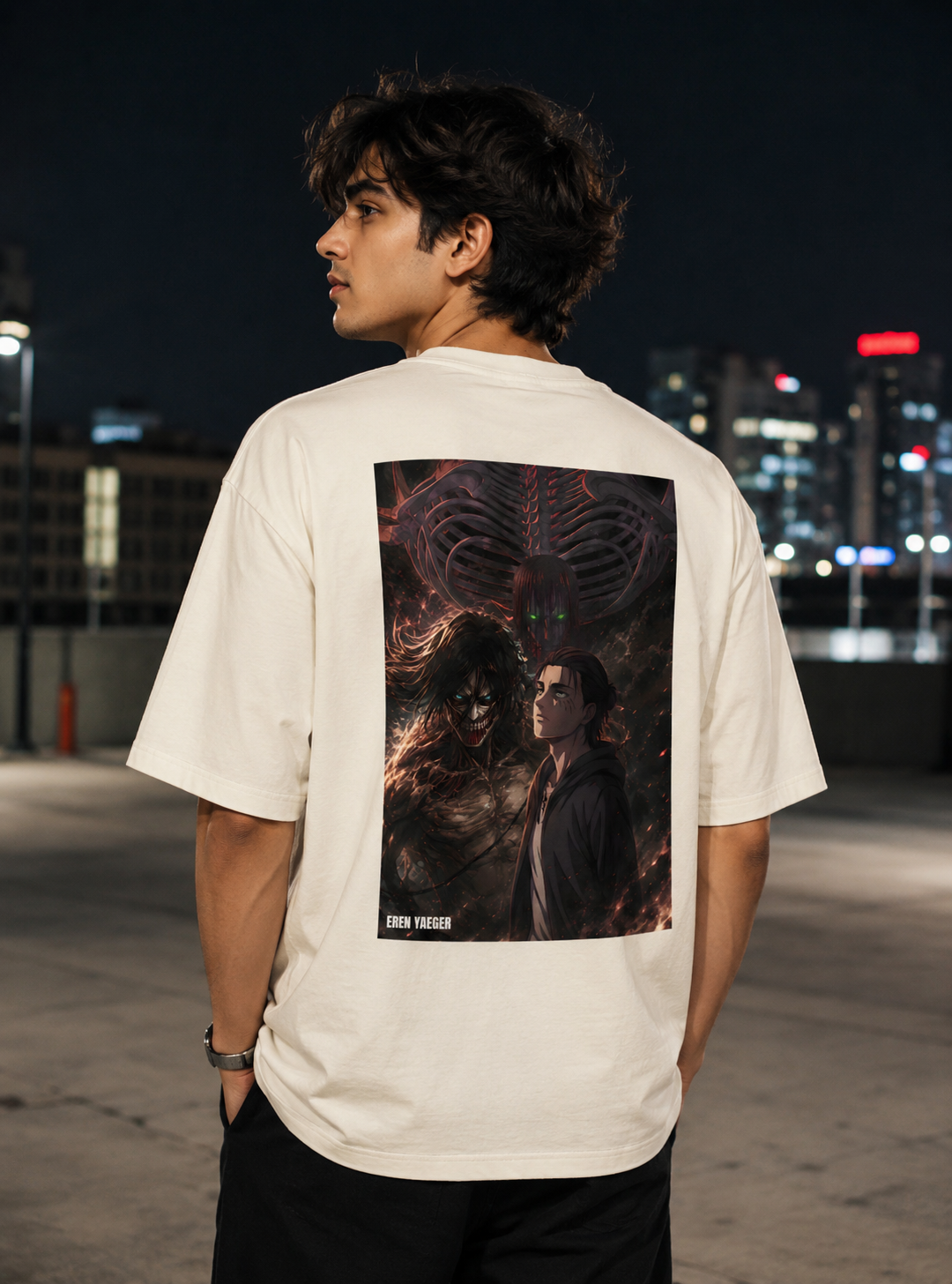 Eren Yeager Attack on Titan oversized anime T-shirt back graphic in off white premium 240 GSM cotton