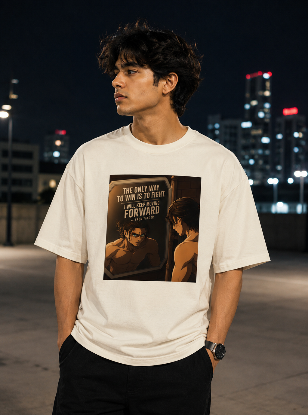 Eren Yeager oversized Attack on Titan anime T-shirt front print in off white premium 240 GSM cotton