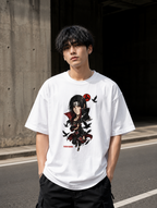 Trendy white oversized Itachi Uchiha anime streetwear t-shirt front view in 240 GSM premium cotton with minimalist front print and relaxed unisex fit.