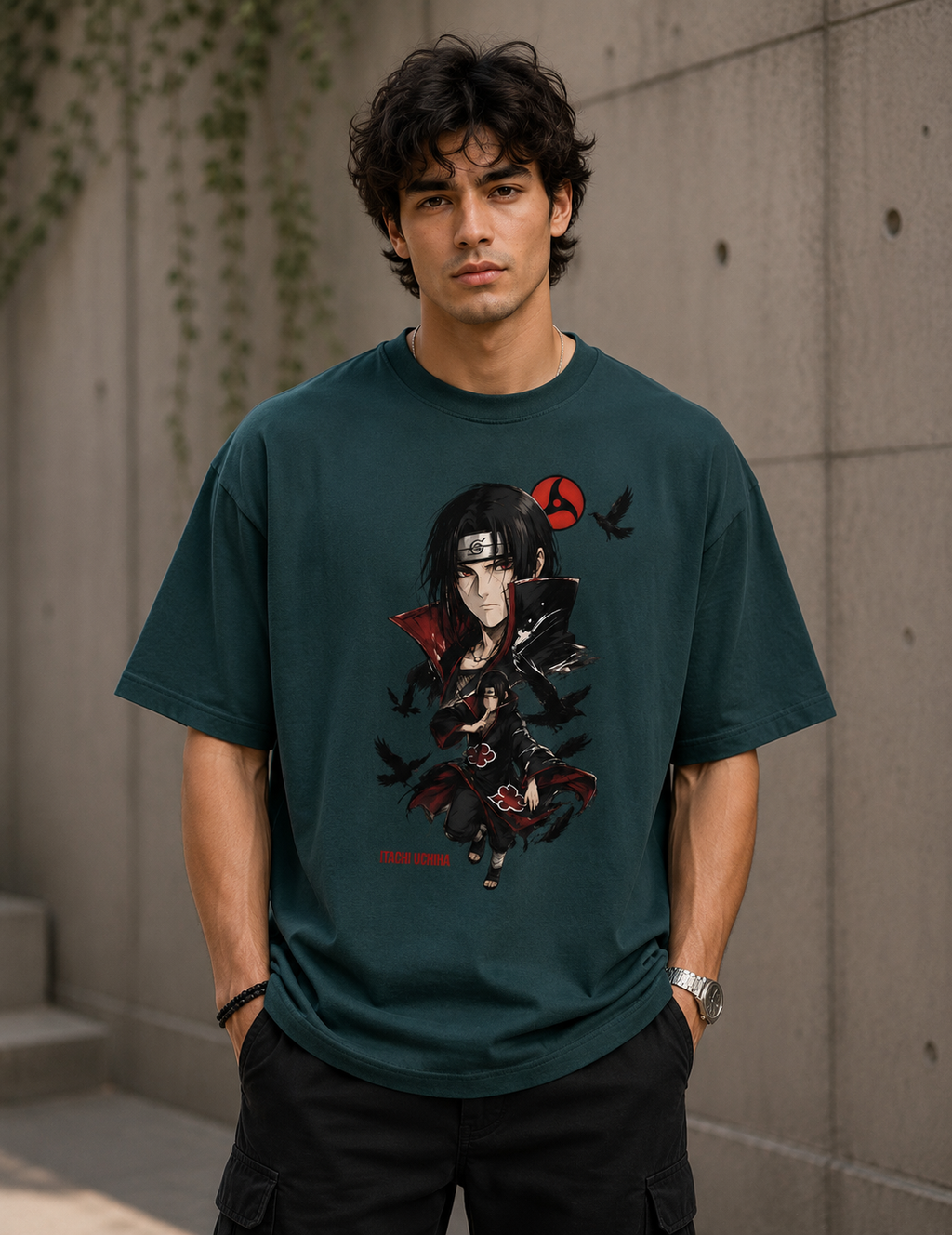 Trendy petrol blue oversized Itachi Uchiha anime streetwear t-shirt front view made from 240 GSM premium cotton with minimalist front print.