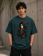 Trendy petrol blue oversized Itachi Uchiha anime streetwear t-shirt front view made from 240 GSM premium cotton with minimalist front print.