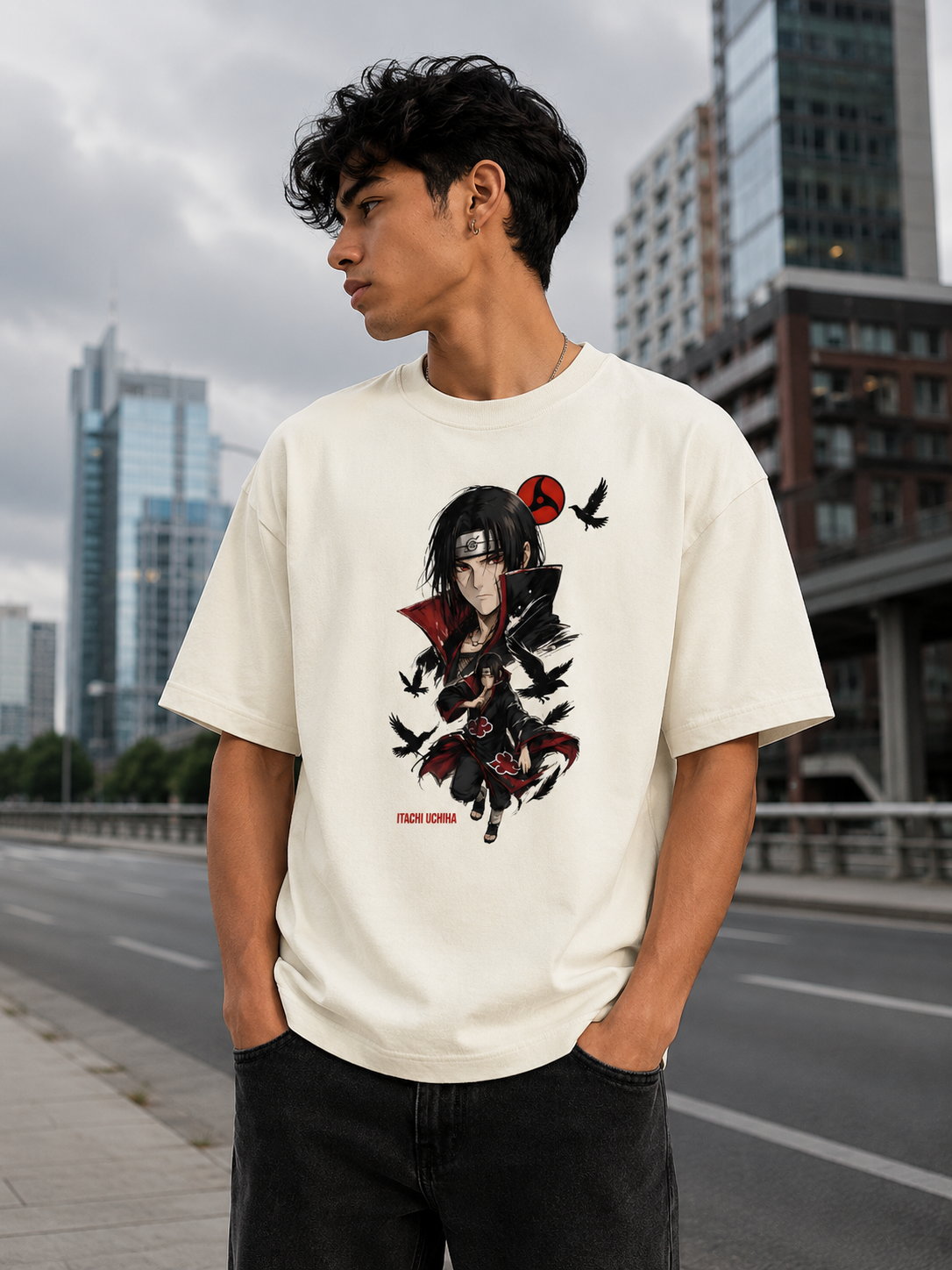 Trendy off white oversized Itachi Uchiha anime streetwear t-shirt front view crafted from 240 GSM premium cotton with minimalist front print.
