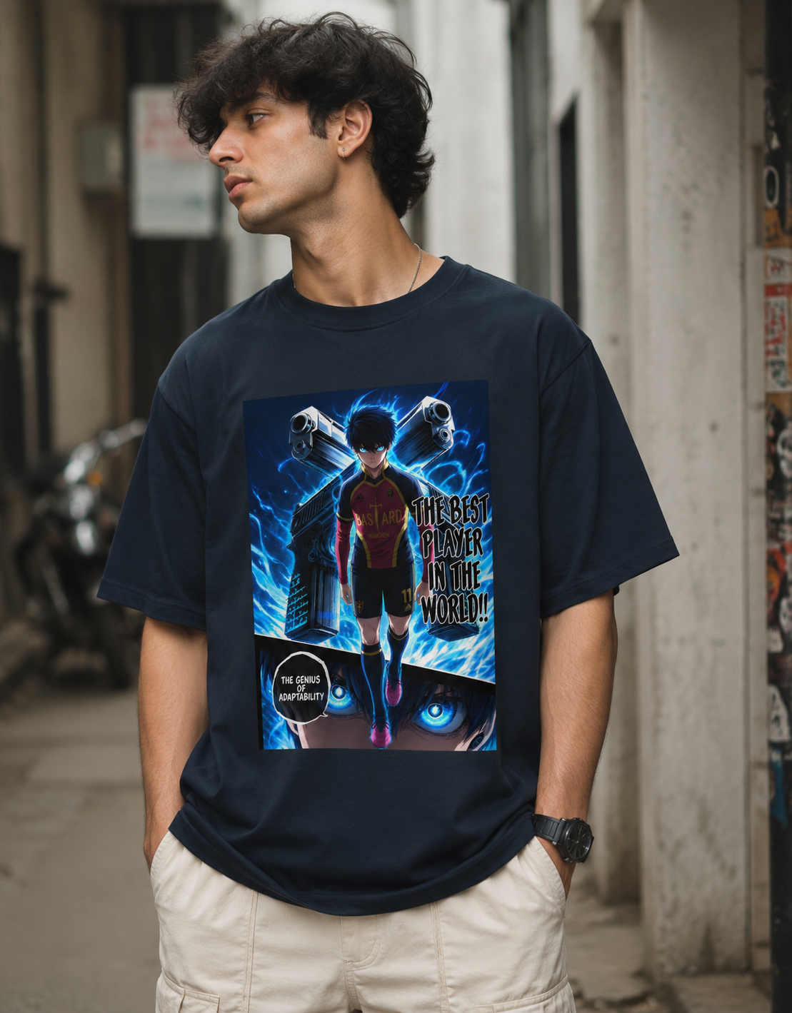 Blue Isagi Yoichi Blue Lock oversized t-shirt featuring premium anime artwork on heavyweight 240 GSM cotton