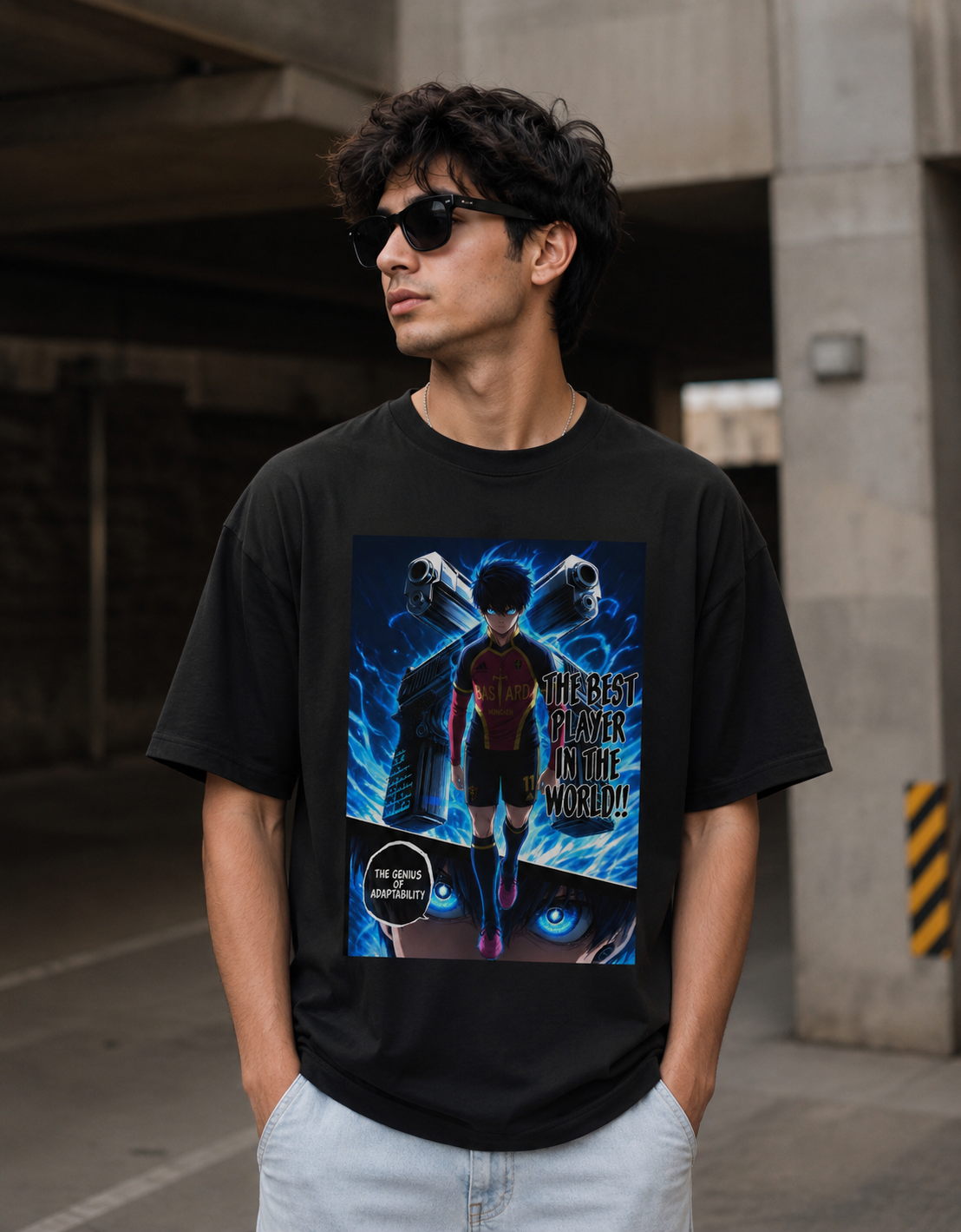 Black Isagi Yoichi Blue Lock oversized t-shirt with premium anime graphic print on 240 GSM cotton