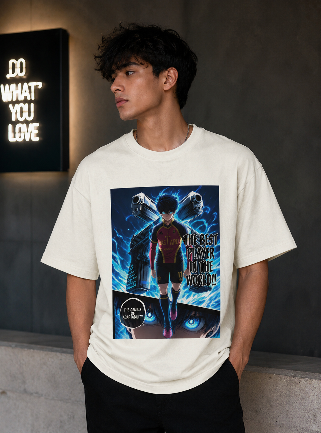 Off white Isagi Yoichi Blue Lock oversized t-shirt with high-quality anime graphic on 100% cotton oversized fit
