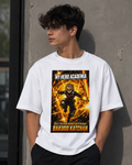 Male model wearing a white Bakugo Katsuki My Hero Academia oversized anime t-shirt with premium graphic print.