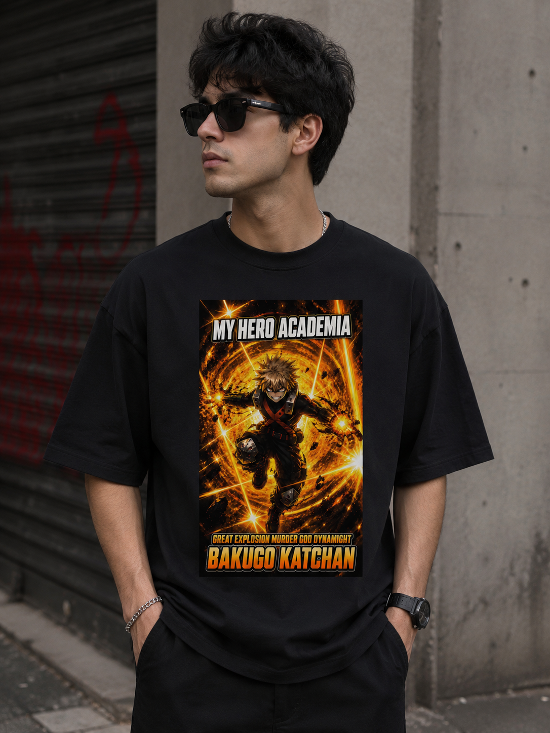 Male model wearing a black Bakugo Katsuki My Hero Academia oversized anime t-shirt with premium graphic print.
