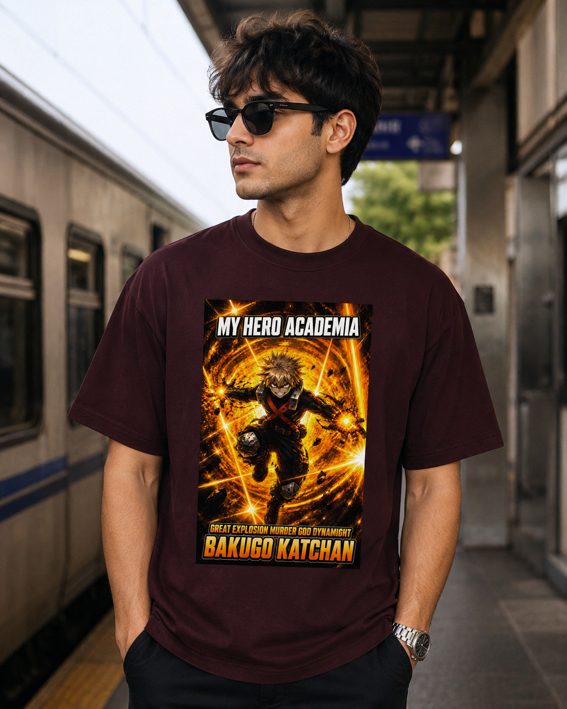 Male model wearing a maroon Bakugo Katsuki My Hero Academia oversized anime t-shirt with premium graphic print.